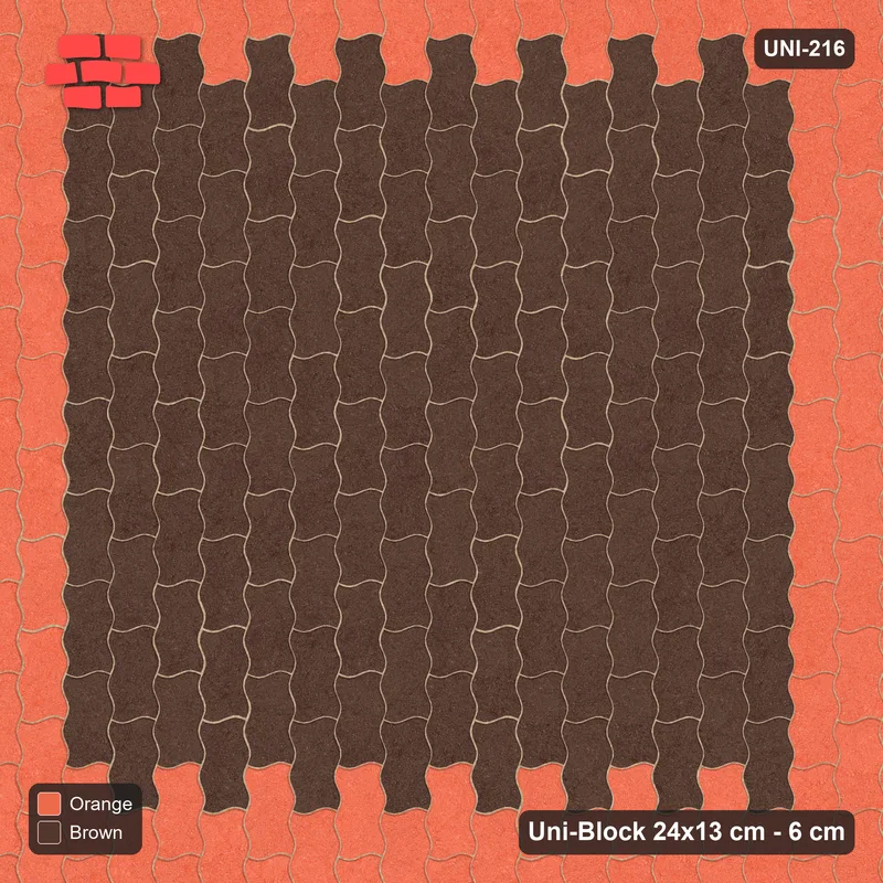 Interlock (Pasco) 24x13 cm · UNI-216 · Central square medallion, quarter-turn lay, kerb frame (Burnt Clay) · Top view Interlock (Pasco) 24x13 cm · UNI-216 · Central square medallion, quarter-turn lay, kerb frame (Burnt Clay) · Top view