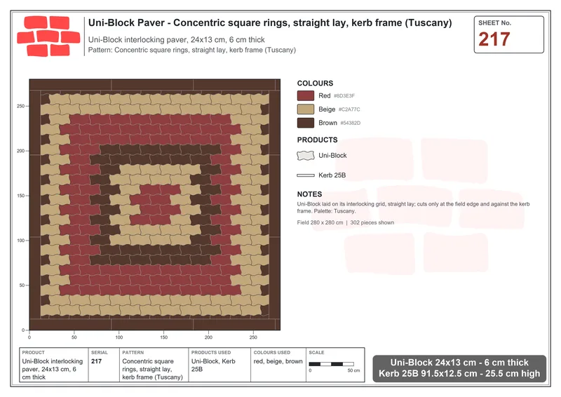 Interlock (Pasco) 24x13 cm · UNI-217 · Concentric square rings, straight lay, kerb frame (Tuscany) · Laying plan