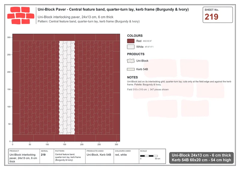 Interlock (Pasco) 24x13 cm · UNI-219 · Central feature band, quarter-turn lay, kerb frame (Burgundy & Ivory) · Laying plan