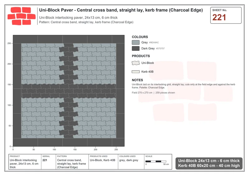 Interlock (Pasco) 24x13 cm · UNI-221 · Central cross band, straight lay, kerb frame (Charcoal Edge) · Laying plan