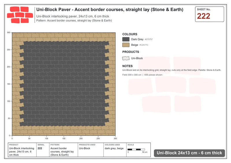 Interlock (Pasco) 24x13 cm · UNI-222 · Accent border courses, straight lay (Stone & Earth) · Laying plan