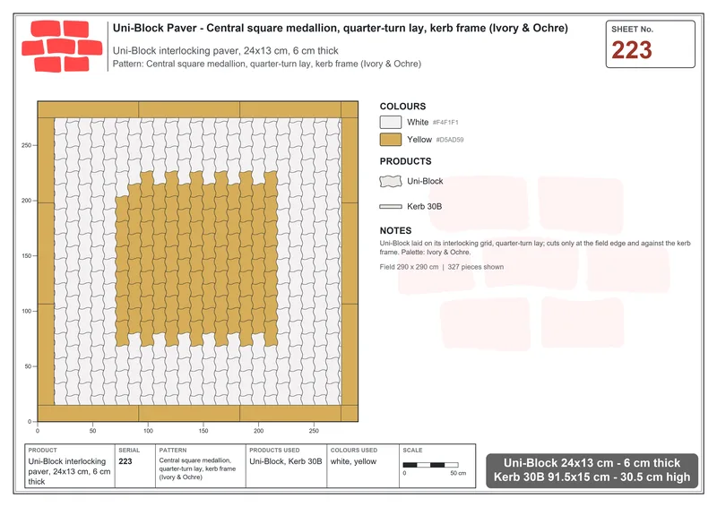 Interlock (Pasco) 24x13 cm · UNI-223 · Central square medallion, quarter-turn lay, kerb frame (Ivory & Ochre) · Laying plan