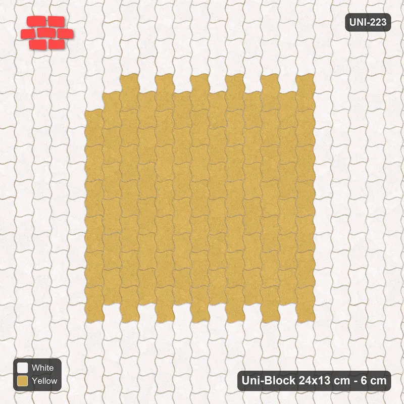 Interlock (Pasco) 24x13 cm · UNI-223 · Central square medallion, quarter-turn lay, kerb frame (Ivory & Ochre) · Top view Interlock (Pasco) 24x13 cm · UNI-223 · Central square medallion, quarter-turn lay, kerb frame (Ivory & Ochre) · Top view