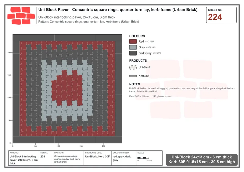 Interlock (Pasco) 24x13 cm · UNI-224 · Concentric square rings, quarter-turn lay, kerb frame (Urban Brick) · Laying plan