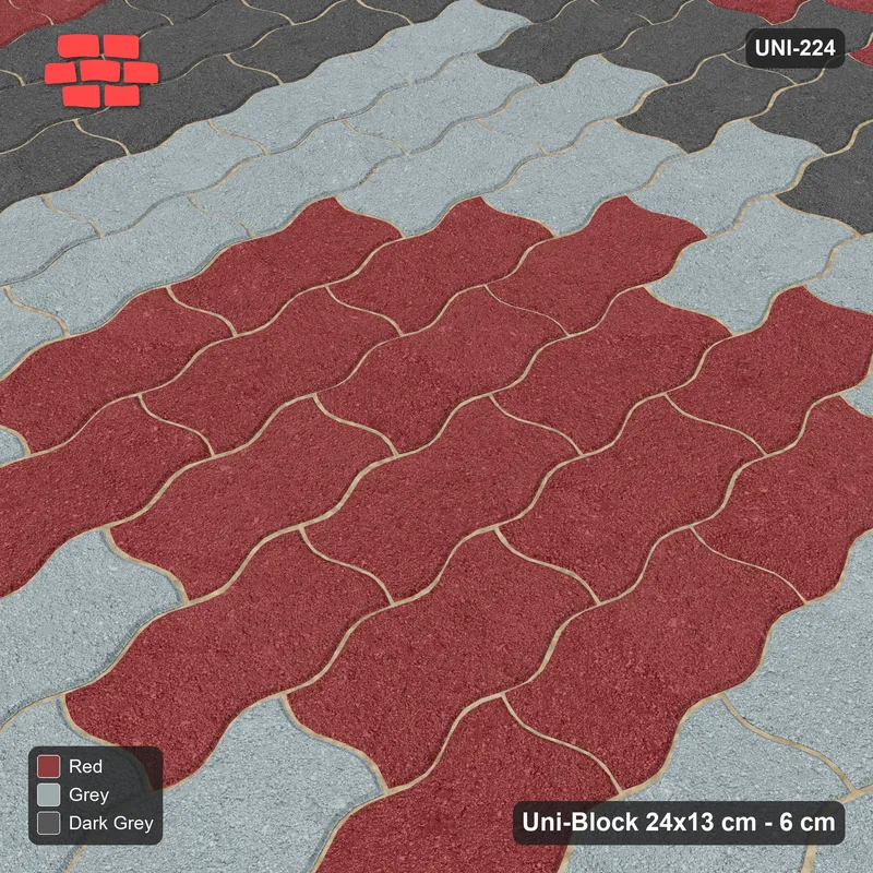 Interlock (Pasco) 24x13 cm · UNI-224 · Concentric square rings, quarter-turn lay, kerb frame (Urban Brick) · Side view Interlock (Pasco) 24x13 cm · UNI-224 · Concentric square rings, quarter-turn lay, kerb frame (Urban Brick) · Side view