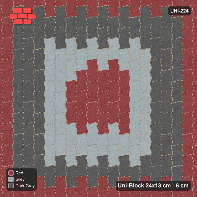 Interlock (Pasco) 24x13 cm · UNI-224 · Concentric square rings, quarter-turn lay, kerb frame (Urban Brick) · Top view Interlock (Pasco) 24x13 cm · UNI-224 · Concentric square rings, quarter-turn lay, kerb frame (Urban Brick) · Top view