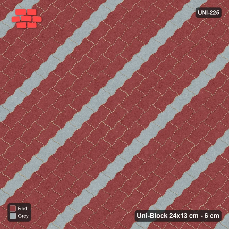 Interlock (Pasco) 24x13 cm · UNI-225 · Accent courses (1 in 5), 45-degree lay, kerb frame (Brick & Ash) · Top view Interlock (Pasco) 24x13 cm · UNI-225 · Accent courses (1 in 5), 45-degree lay, kerb frame (Brick & Ash) · Top view