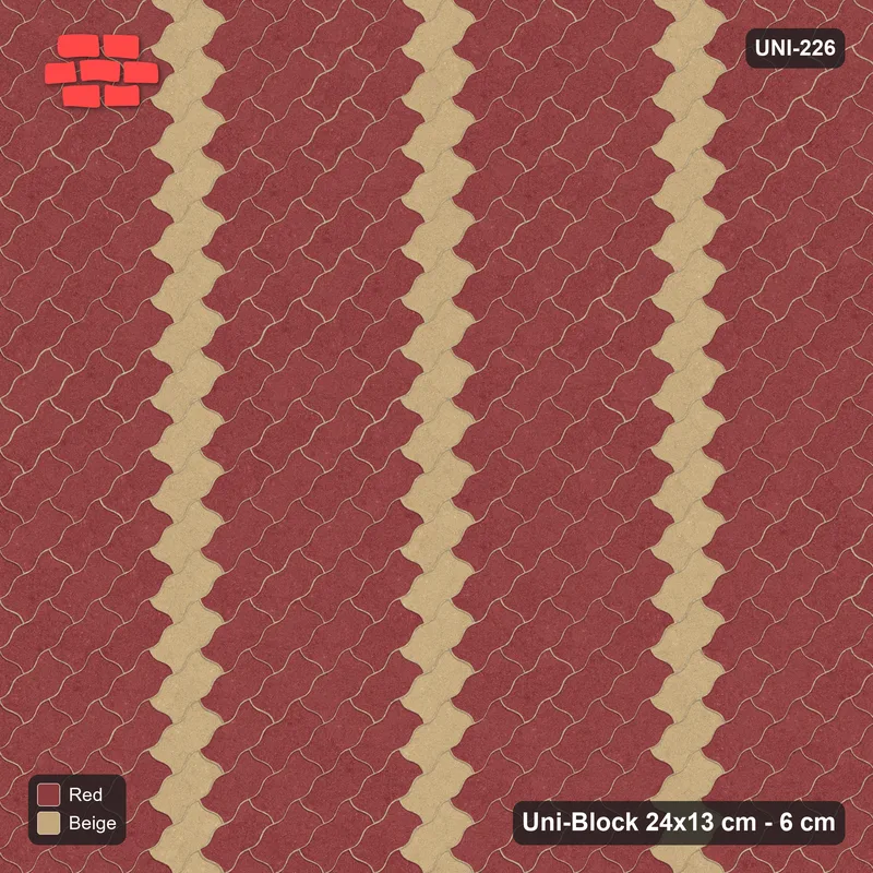 Interlock (Pasco) 24x13 cm · UNI-226 · Diagonal accent stripes (1 in 5), 45-degree lay (Terracotta) · Top view Interlock (Pasco) 24x13 cm · UNI-226 · Diagonal accent stripes (1 in 5), 45-degree lay (Terracotta) · Top view