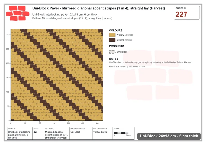 Interlock (Pasco) 24x13 cm · UNI-227 · Mirrored diagonal accent stripes (1 in 4), straight lay (Harvest) · Laying plan