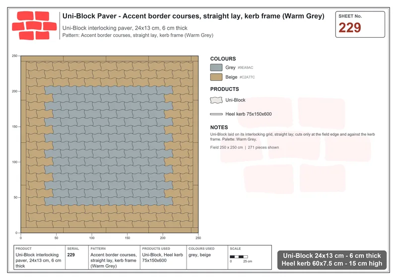 Interlock (Pasco) 24x13 cm · UNI-229 · Accent border courses, straight lay, kerb frame (Warm Grey) · Laying plan