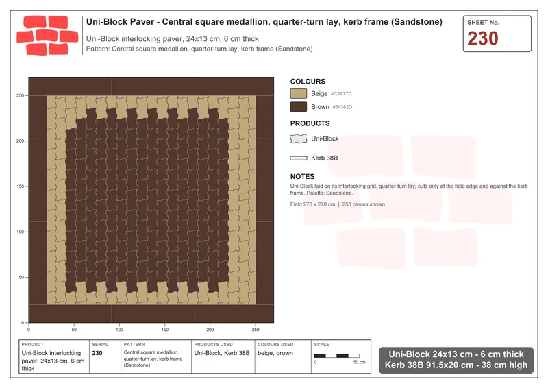 Interlock (Pasco) 24x13 cm · UNI-230 · Central square medallion, quarter-turn lay, kerb frame (Sandstone) · Laying plan