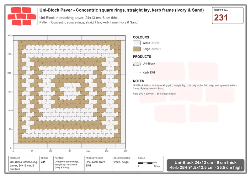 Interlock (Pasco) 24x13 cm · UNI-231 · Concentric square rings, straight lay, kerb frame (Ivory & Sand) · Laying plan