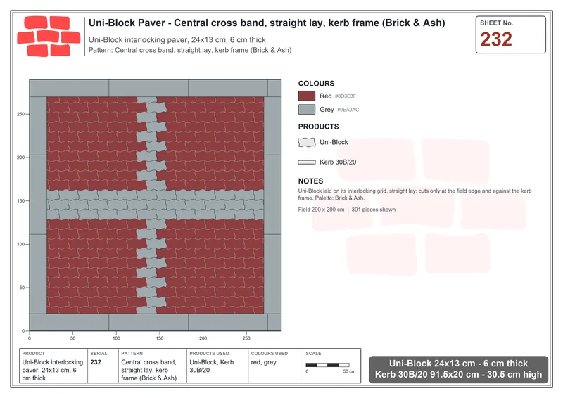 Interlock (Pasco) 24x13 cm · UNI-232 · Central cross band, straight lay, kerb frame (Brick & Ash) · Laying plan