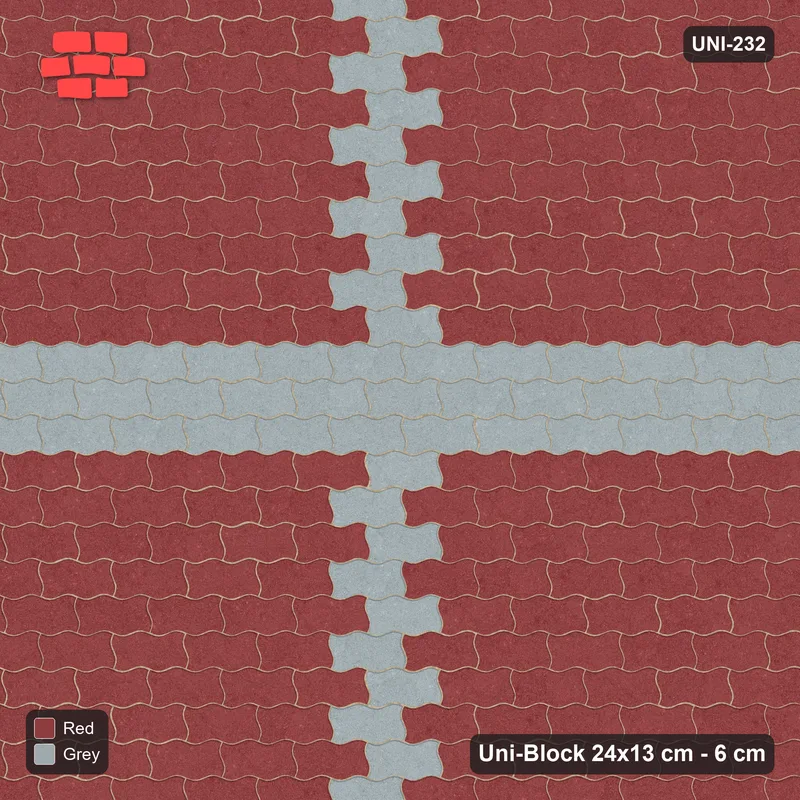 Interlock (Pasco) 24x13 cm · UNI-232 · Central cross band, straight lay, kerb frame (Brick & Ash) · Top view Interlock (Pasco) 24x13 cm · UNI-232 · Central cross band, straight lay, kerb frame (Brick & Ash) · Top view