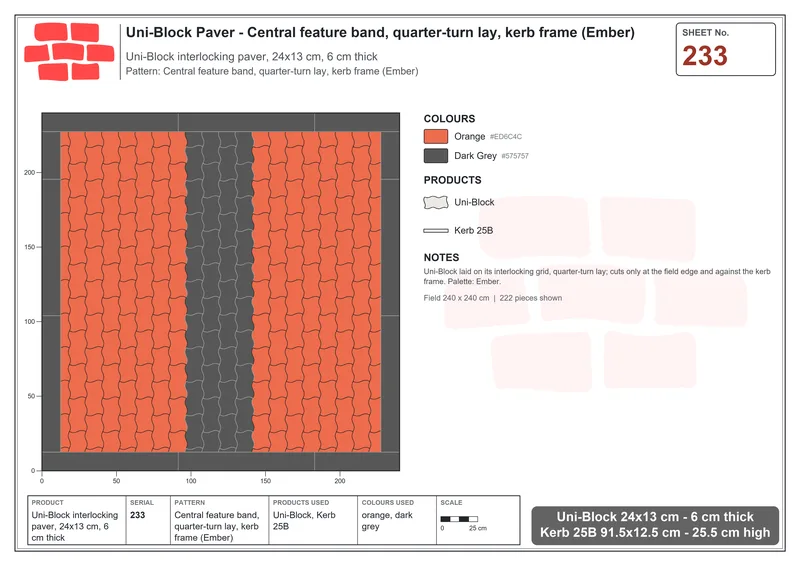 Interlock (Pasco) 24x13 cm · UNI-233 · Central feature band, quarter-turn lay, kerb frame (Ember) · Laying plan