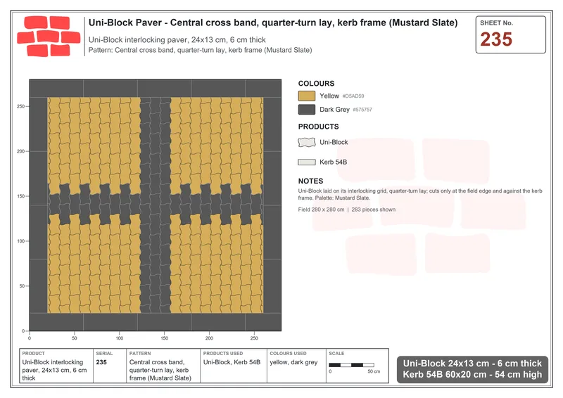 Interlock (Pasco) 24x13 cm · UNI-235 · Central cross band, quarter-turn lay, kerb frame (Mustard Slate) · Laying plan