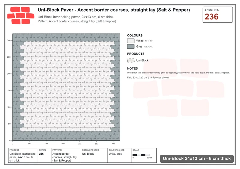 Interlock (Pasco) 24x13 cm · UNI-236 · Accent border courses, straight lay (Salt & Pepper) · Laying plan