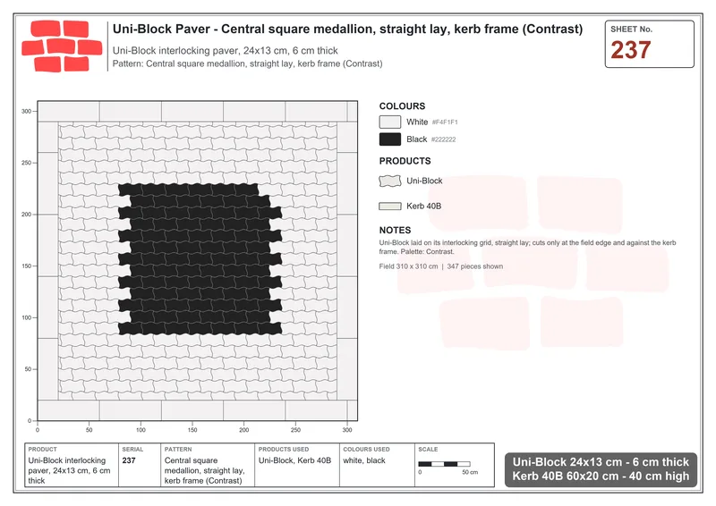 Interlock (Pasco) 24x13 cm · UNI-237 · Central square medallion, straight lay, kerb frame (Contrast) · Laying plan