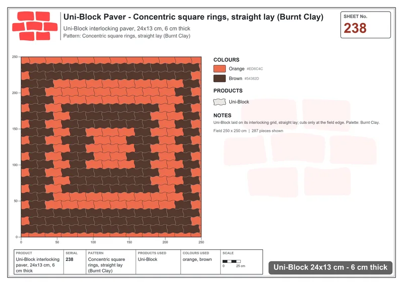 Interlock (Pasco) 24x13 cm · UNI-238 · Concentric square rings, straight lay (Burnt Clay) · Laying plan