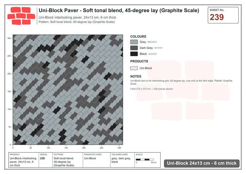 Interlock (Pasco) 24x13 cm · UNI-239 · Soft tonal blend, 45-degree lay (Graphite Scale) · Laying plan