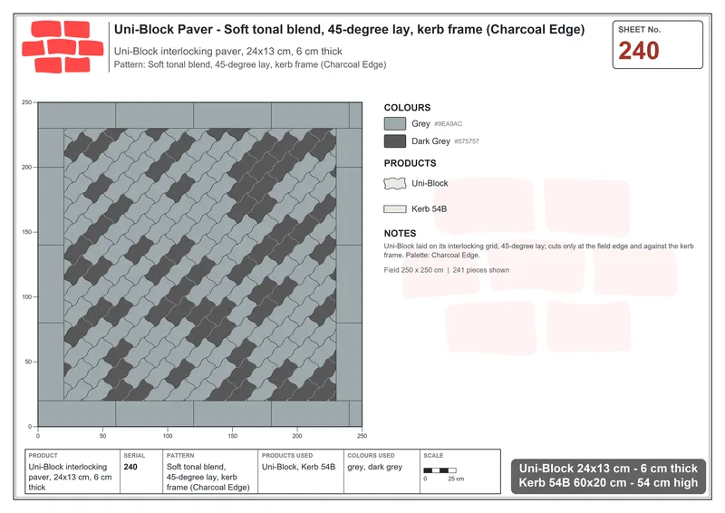 Interlock (Pasco) 24x13 cm · UNI-240 · Soft tonal blend, 45-degree lay, kerb frame (Charcoal Edge) · Laying plan