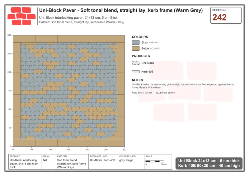 Interlock (Pasco) 24x13 cm · UNI-242 · Soft tonal blend, straight lay, kerb frame (Warm Grey) · Laying plan