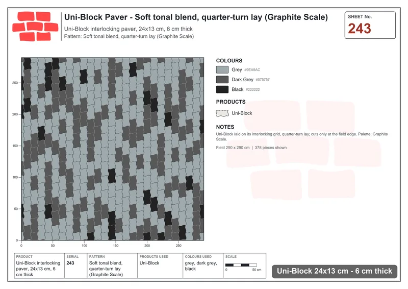 Interlock (Pasco) 24x13 cm · UNI-243 · Soft tonal blend, quarter-turn lay (Graphite Scale) · Laying plan
