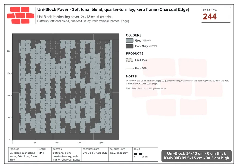 Interlock (Pasco) 24x13 cm · UNI-244 · Soft tonal blend, quarter-turn lay, kerb frame (Charcoal Edge) · Laying plan