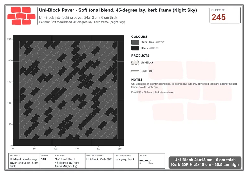 Interlock (Pasco) 24x13 cm · UNI-245 · Soft tonal blend, 45-degree lay, kerb frame (Night Sky) · Laying plan