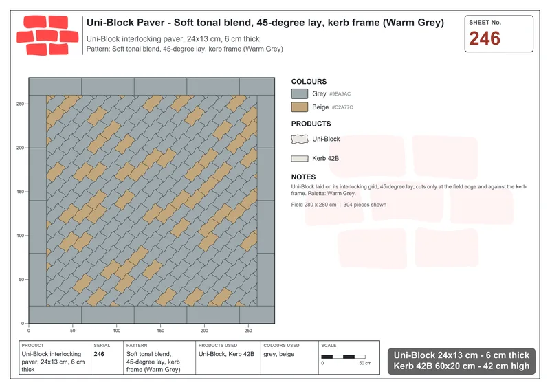 Interlock (Pasco) 24x13 cm · UNI-246 · Soft tonal blend, 45-degree lay, kerb frame (Warm Grey) · Laying plan