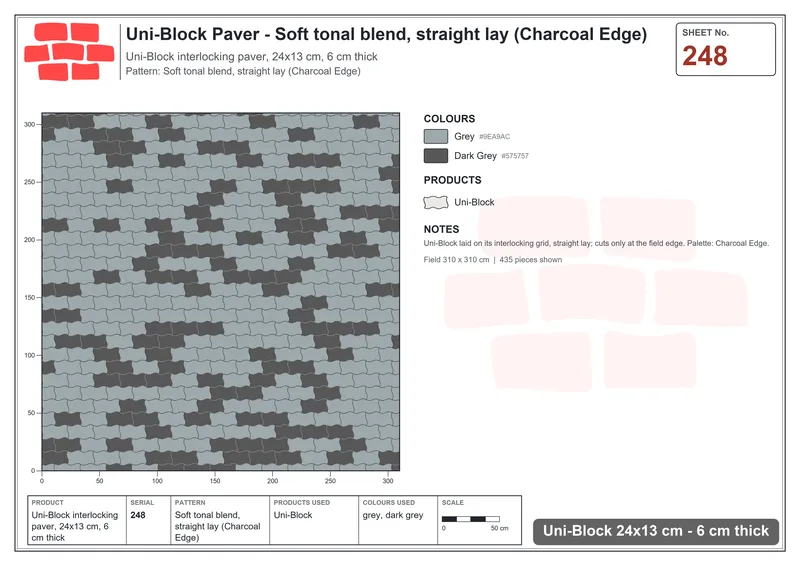 Interlock (Pasco) 24x13 cm · UNI-248 · Soft tonal blend, straight lay (Charcoal Edge) · Laying plan