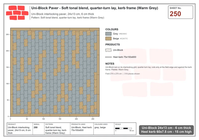 Interlock (Pasco) 24x13 cm · UNI-250 · Soft tonal blend, quarter-turn lay, kerb frame (Warm Grey) · Laying plan