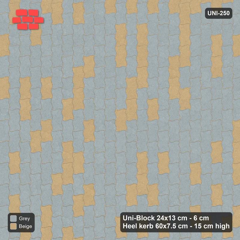 Interlock (Pasco) 24x13 cm · UNI-250 · Soft tonal blend, quarter-turn lay, kerb frame (Warm Grey) · Top view Interlock (Pasco) 24x13 cm · UNI-250 · Soft tonal blend, quarter-turn lay, kerb frame (Warm Grey) · Top view