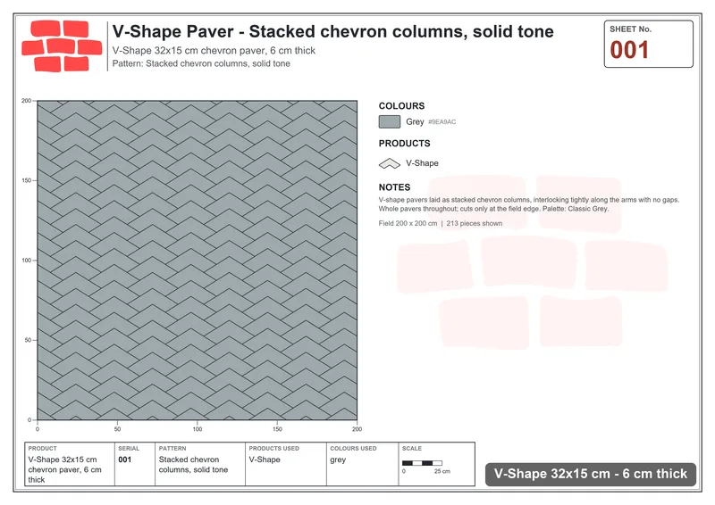 Interlock (Pasco) 32x15 cm · VSH-001 · Stacked chevron columns, solid tone · Laying plan Interlock (Pasco) 32x15 cm · VSH-001 · Stacked chevron columns, solid tone · Laying plan