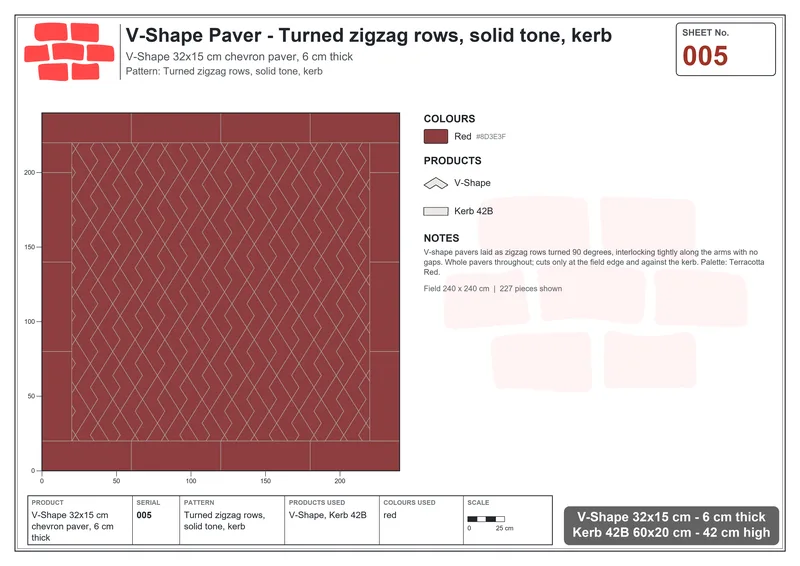 Interlock (Pasco) 32x15 cm · VSH-005 · Turned zigzag rows, solid tone, kerb · Laying plan Interlock (Pasco) 32x15 cm · VSH-005 · Turned zigzag rows, solid tone, kerb · Laying plan