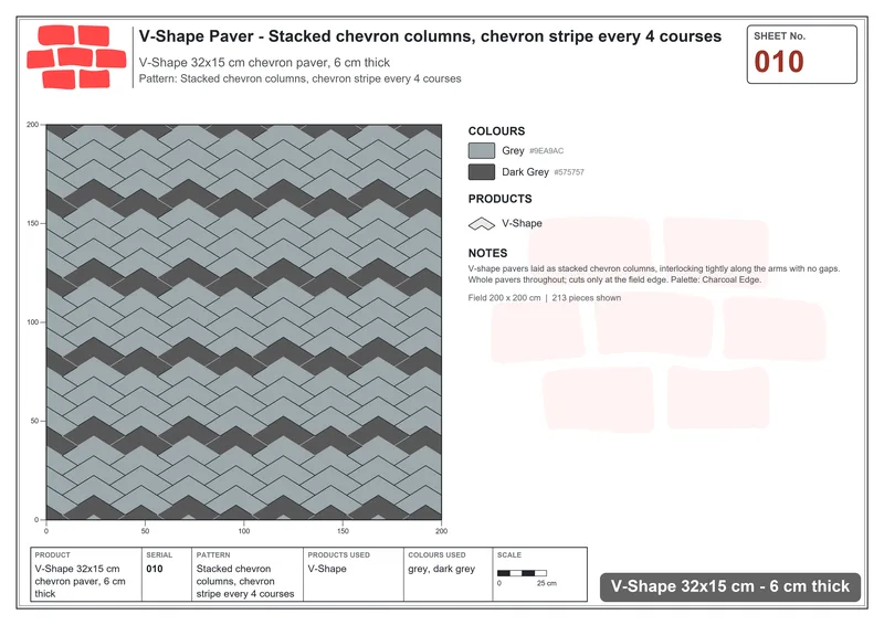 Interlock (Pasco) 32x15 cm · VSH-010 · Stacked chevron columns, chevron stripe every 4 courses · Laying plan Interlock (Pasco) 32x15 cm · VSH-010 · Stacked chevron columns, chevron stripe every 4 courses · Laying plan