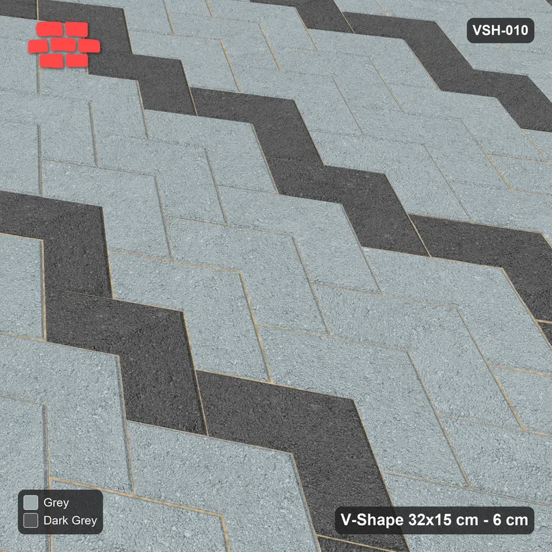 Interlock (Pasco) 32x15 cm · VSH-010 · Stacked chevron columns, chevron stripe every 4 courses · Side view Interlock (Pasco) 32x15 cm · VSH-010 · Stacked chevron columns, chevron stripe every 4 courses · Side view