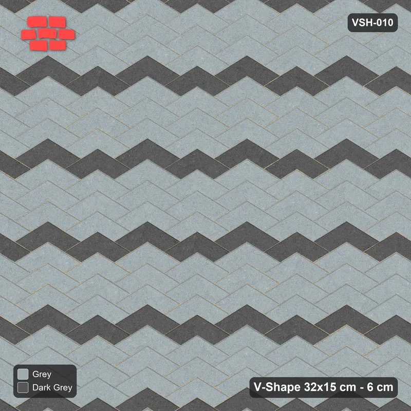 Interlock (Pasco) 32x15 cm · VSH-010 · Stacked chevron columns, chevron stripe every 4 courses · Top view Interlock (Pasco) 32x15 cm · VSH-010 · Stacked chevron columns, chevron stripe every 4 courses · Top view