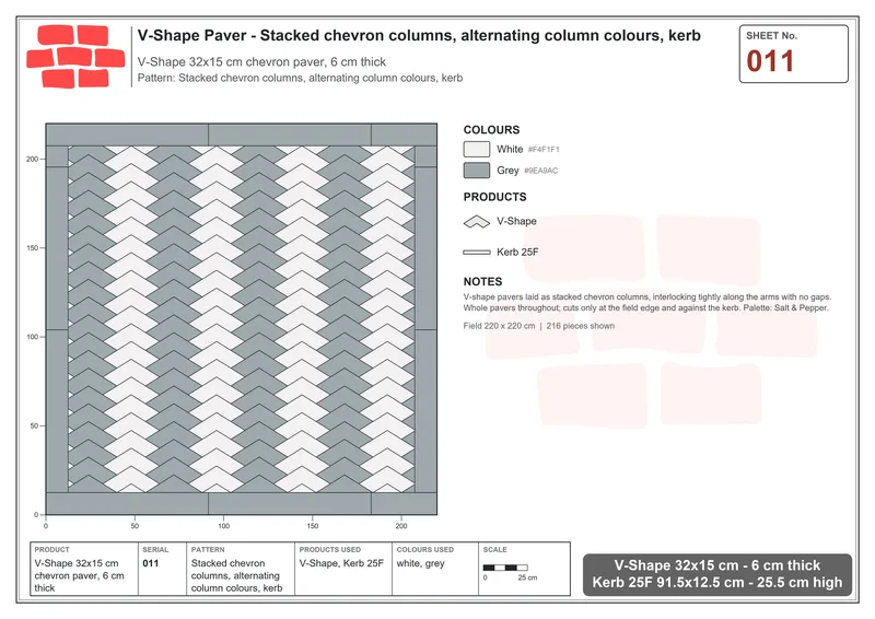 Interlock (Pasco) 32x15 cm · VSH-011 · Stacked chevron columns, alternating column colours, kerb · Laying plan Interlock (Pasco) 32x15 cm · VSH-011 · Stacked chevron columns, alternating column colours, kerb · Laying plan