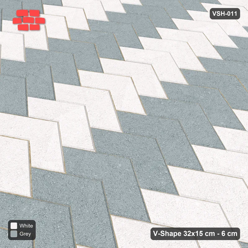 Interlock (Pasco) 32x15 cm · VSH-011 · Stacked chevron columns, alternating column colours, kerb · Side view Interlock (Pasco) 32x15 cm · VSH-011 · Stacked chevron columns, alternating column colours, kerb · Side view
