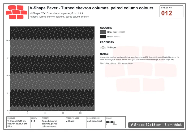 Interlock (Pasco) 32x15 cm · VSH-012 · Turned chevron columns, paired column colours · Laying plan Interlock (Pasco) 32x15 cm · VSH-012 · Turned chevron columns, paired column colours · Laying plan