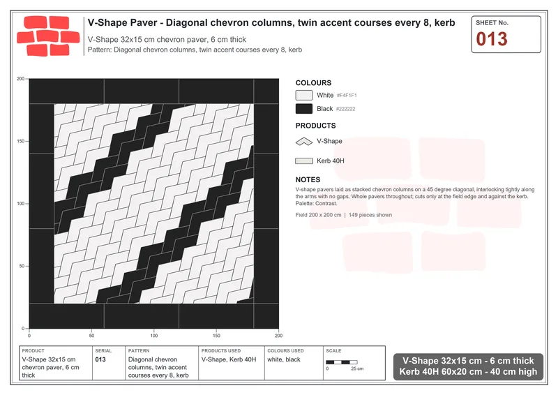 Interlock (Pasco) 32x15 cm · VSH-013 · Diagonal chevron columns, twin accent courses every 8, kerb · Laying plan Interlock (Pasco) 32x15 cm · VSH-013 · Diagonal chevron columns, twin accent courses every 8, kerb · Laying plan