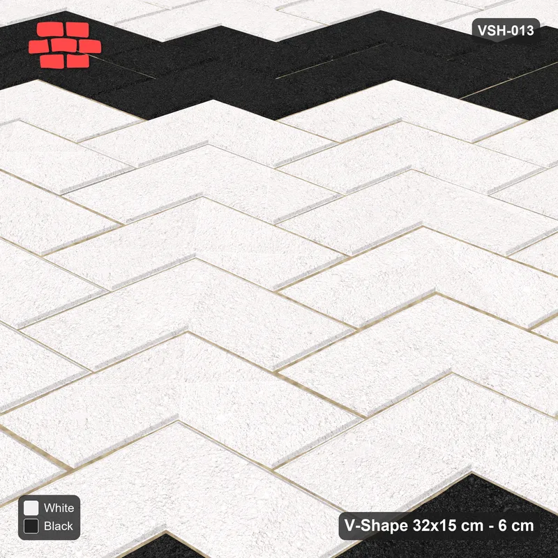 Interlock (Pasco) 32x15 cm · VSH-013 · Diagonal chevron columns, twin accent courses every 8, kerb · Side view Interlock (Pasco) 32x15 cm · VSH-013 · Diagonal chevron columns, twin accent courses every 8, kerb · Side view