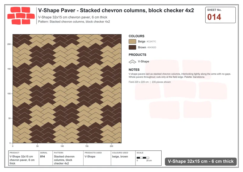 Interlock (Pasco) 32x15 cm · VSH-014 · Stacked chevron columns, block checker 4x2 · Laying plan Interlock (Pasco) 32x15 cm · VSH-014 · Stacked chevron columns, block checker 4x2 · Laying plan