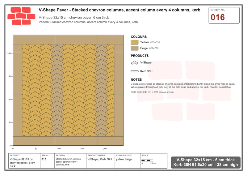 Interlock (Pasco) 32x15 cm · VSH-016 · Stacked chevron columns, accent column every 4 columns, kerb · Laying plan Interlock (Pasco) 32x15 cm · VSH-016 · Stacked chevron columns, accent column every 4 columns, kerb · Laying plan