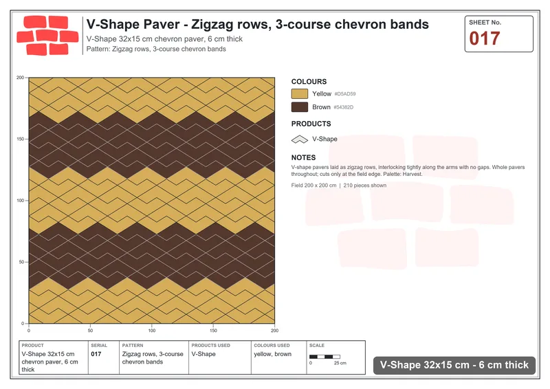 Interlock (Pasco) 32x15 cm · VSH-017 · Zigzag rows, 3-course chevron bands · Laying plan Interlock (Pasco) 32x15 cm · VSH-017 · Zigzag rows, 3-course chevron bands · Laying plan