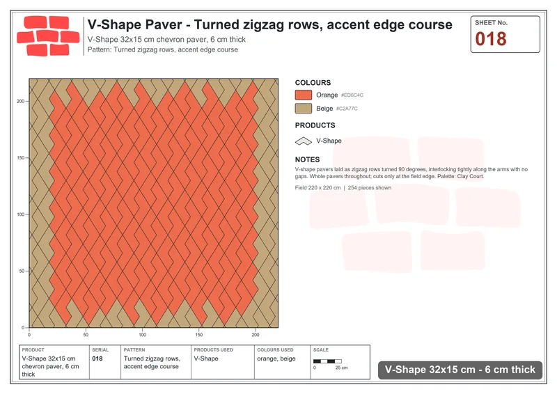 Interlock (Pasco) 32x15 cm · VSH-018 · Turned zigzag rows, accent edge course · Laying plan Interlock (Pasco) 32x15 cm · VSH-018 · Turned zigzag rows, accent edge course · Laying plan