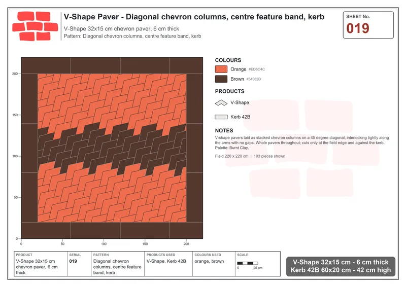 Interlock (Pasco) 32x15 cm · VSH-019 · Diagonal chevron columns, centre feature band, kerb · Laying plan Interlock (Pasco) 32x15 cm · VSH-019 · Diagonal chevron columns, centre feature band, kerb · Laying plan