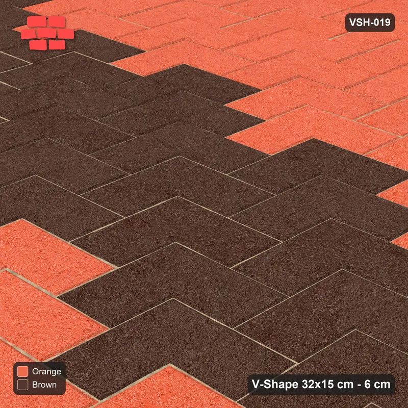 Interlock (Pasco) 32x15 cm · VSH-019 · Diagonal chevron columns, centre feature band, kerb · Side view Interlock (Pasco) 32x15 cm · VSH-019 · Diagonal chevron columns, centre feature band, kerb · Side view