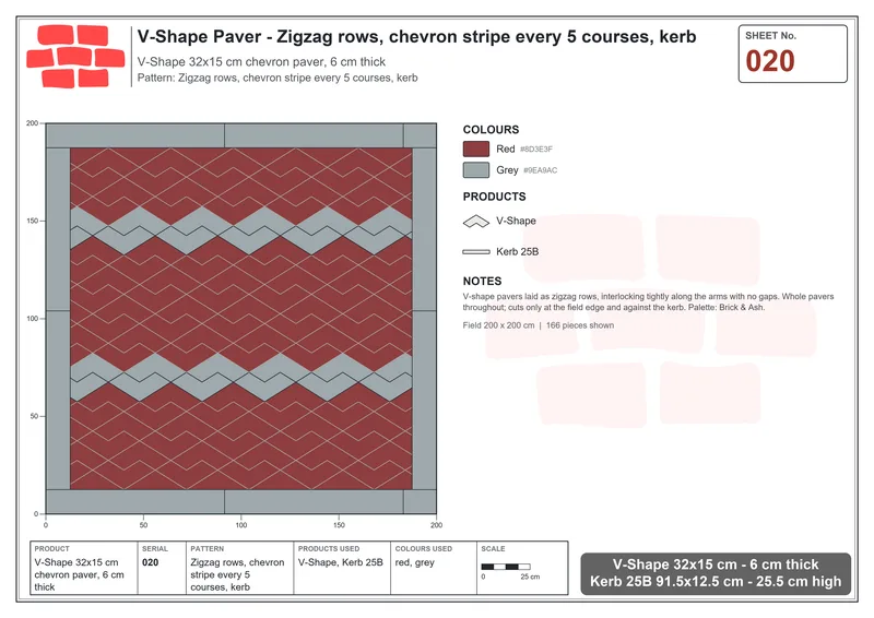 Interlock (Pasco) 32x15 cm · VSH-020 · Zigzag rows, chevron stripe every 5 courses, kerb · Laying plan Interlock (Pasco) 32x15 cm · VSH-020 · Zigzag rows, chevron stripe every 5 courses, kerb · Laying plan